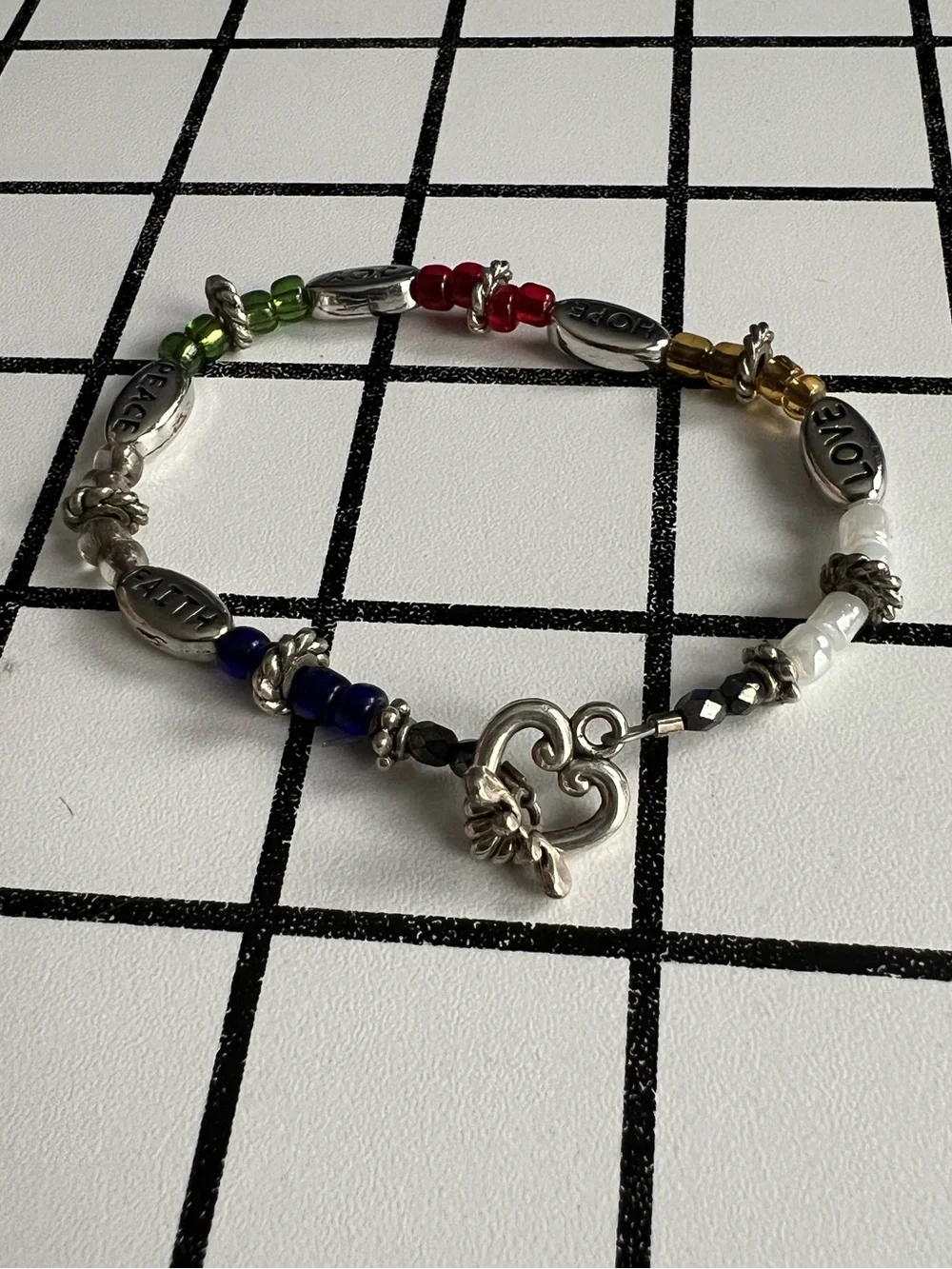 Vintage Faith Hope Love Peace Joy Word Charm Bracelet Silvertone Rainbow
